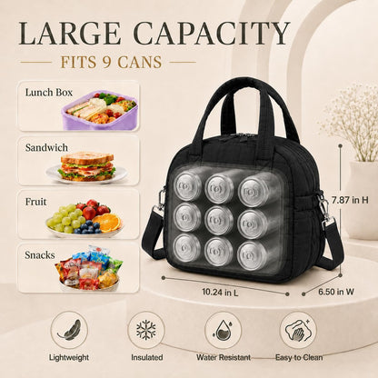 Lunch Box for Women, Quilted Insulated Lunch Bag, Puffy Lunch Tote with Adjustable Shoulder Strap for Work School Travel (Black, Regular 9L)7