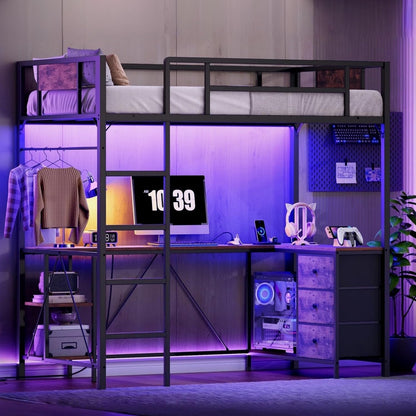 Twin Size Loft Bed with L-Shaped Desk, 3 Storage Drawers, Charging Station, Metal Kids Loft Bed Frame with LED Light & Ladder, Open Storage Shelves, No Box Spring Needed, Rustic Brown & Black1