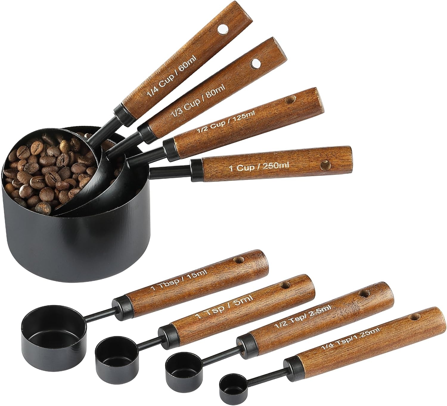 measuring-cups-and-spoons-set-8pcs-stainless-steel-metal-measuring-cups-walnut-wood-handle-black-plated-for-dry-and-liquid-ingredients