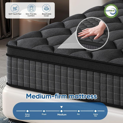 King Size Hybrid Mattress 12 Inch, Memory Foam and Pocketed Innerspring Hybrid Mattress, Medium for Back Pain Relief & Side Sleepers, Low Motion Transfer, Fiberglass-Free10