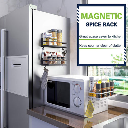 Magnetic Spice Rack, Strong Magnetic Shelf with 2 Removable Hooks, Perfect Space Saver for Small Kitchen/Apartment, Awesome Metal Cabinet for Holding Spices, Jars, Bottle, Beverage(Black)5
