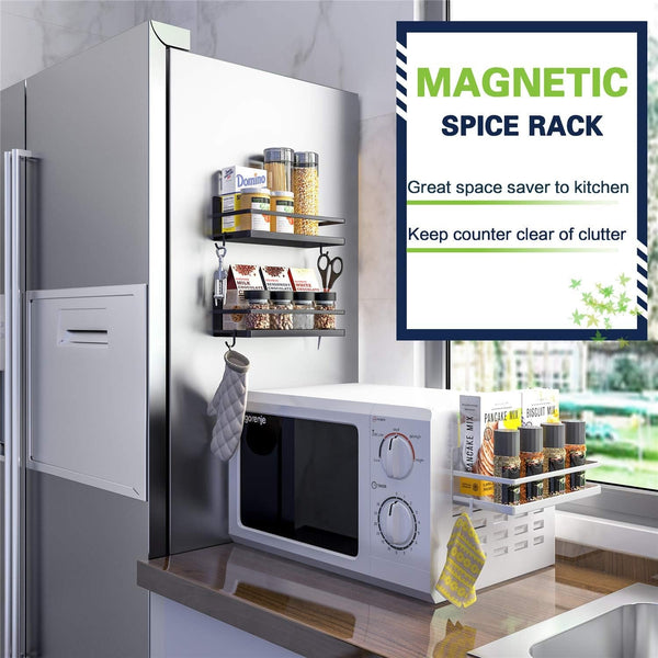 Magnetic Spice Rack, Strong Magnetic Shelf with 2 Removable Hooks, Perfect Space Saver for Small Kitchen/Apartment, Awesome Metal Cabinet for Holding Spices, Jars, Bottle, Beverage(Black)5