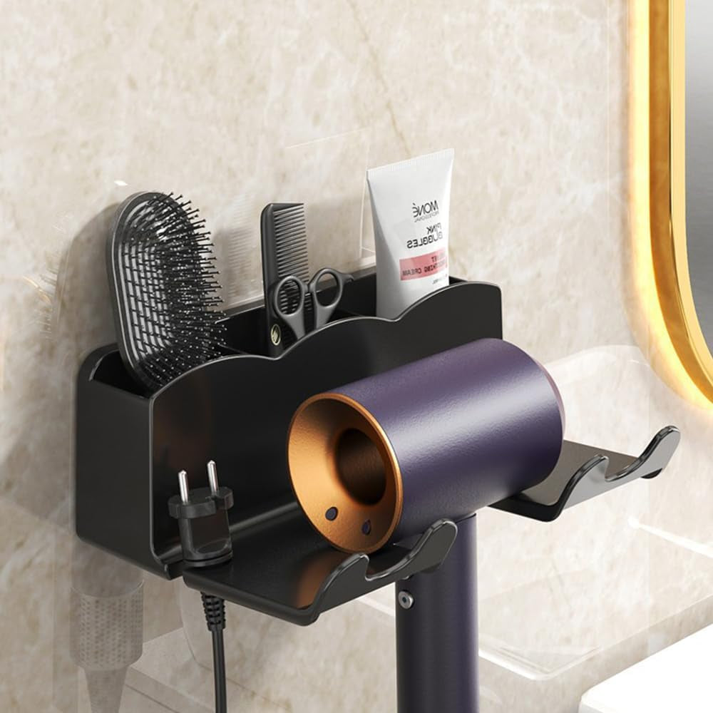 punch-free-wall-mount-hair-tool-organizer-blow-dryer-holder-makeup-mirror-organizing-stand-for-bathroom-toothbrush-and-toothpaste-storage-easy-install-black