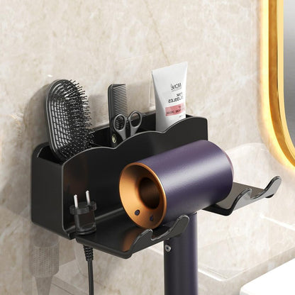Punch-Free Wall Mount Hair Tool Organizer, Blow Dryer Holder Makeup Mirror Organizing Stand for Bathroom Toothbrush and Toothpaste Storage, Easy Install (Black)1