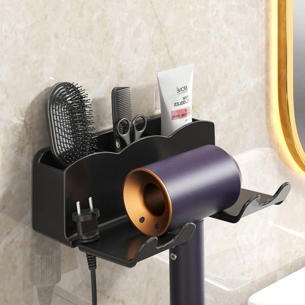 Punch-Free Wall Mount Hair Tool Organizer, Blow Dryer Holder Makeup Mirror Organizing Stand for Bathroom Toothbrush and Toothpaste Storage, Easy Install (Black)1