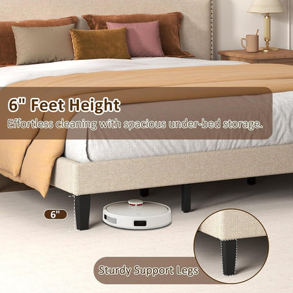 King Size Bed Frame with Upholstered Headboard, Wood Platform Bed with Soft Linen Adjustable Headboard | Elegant Studded Design | Wooden Slats | No Box Spring Needed, King Bed Frame Beige4