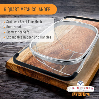Stainless Steel Colander Strainer - 6-Quart Collapsible Colander with Expandable Rubber Handles - Rectangular Sieve, Fine Mesh Stainless Steel Strainers and Colanders for Kitchen2