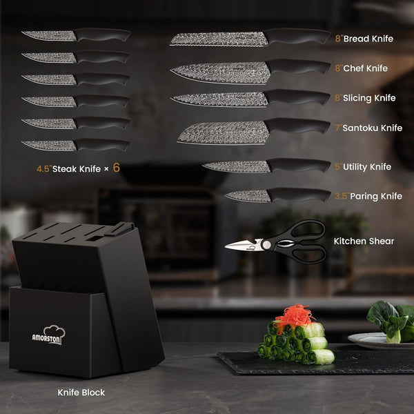 Knife Set, 15-Piece Kitchen Knife Set with Built-In Sharpener Block, German High-Carbon Stainless Steel, Dishwasher Safe, for Home Cooks and Everyday Meal Prep3