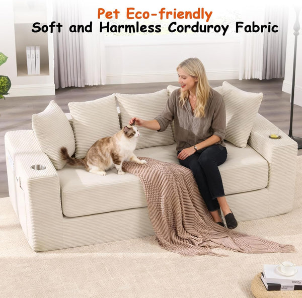 76" Convertible Sofa Bed, Corduroy Boneless Couch with Cup Holders & Pocket6