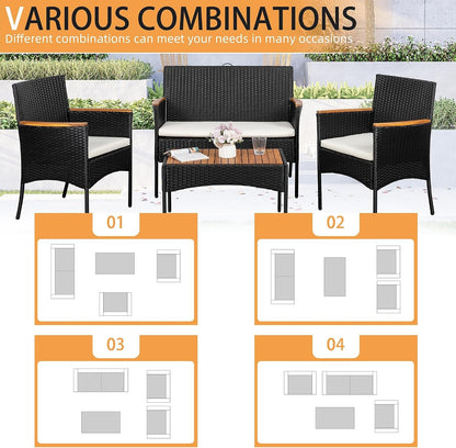 4-Piece Patio Furniture Set, Outdoor Wicker Patio Conversation Furniture Set with Cushions and Wooden Tabletop for Paito Lawn Backyard Pool Garden, Black Rattan2