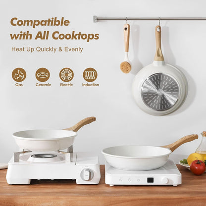 Ceramic Nonstick Frying Pan Skillets, White (8+11Inch with Lid) | Healthy Ceramic Nontoxic Coating, PTFE & PFAS Free. Compatible with All Stoves Including Induction Cooktops. Easy to Clean.6