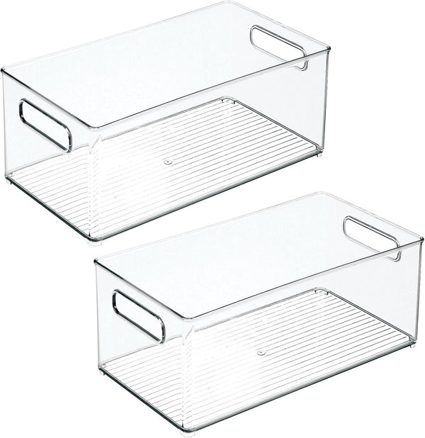 Deep Plastic Storage Organizer Container Bin, Bath and Shower Organization for Cabinet, Cupboard, Shelves, Counter, or Closet - Holds Shampoo, Vitamins, Ligne Collection, 2 Pack, Clear10
