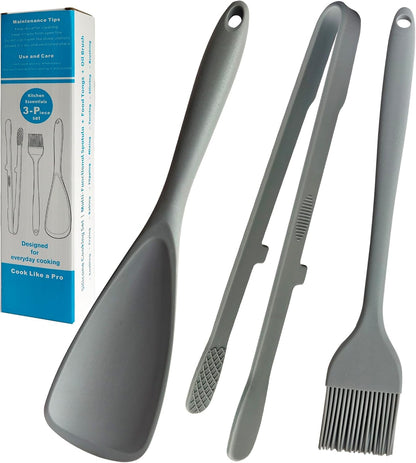 Silicone Spatula Tongs and Basting Brush Set, 3-Piece 11.4 Inch Heat Resistant Kitchen Utensils, Dishwasher Safe, Non-Scratch for Cooking, Baking, Serving, Gray1