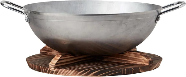 13” Carbon Steel Wok – Flat Bottom Stir Fry Pan with Dual Steel Handles – Includes Convertible Wood Trivet Lid – Pre-Seasoned, Induction & Gas Compatible – Professional Grade Cookware1