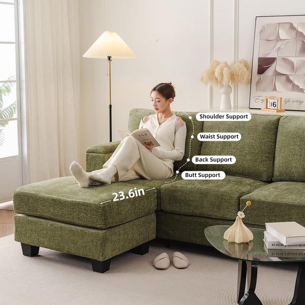 85'' L Shaped Couch with Armrest Organizer,Sectional,Movable Ottoman,Green3