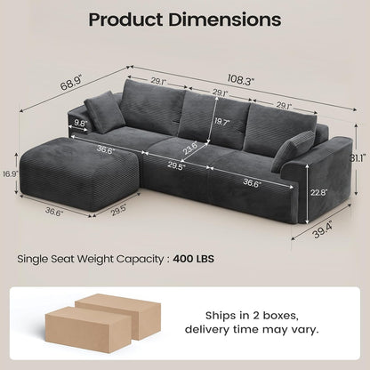 108" Cloud Couch Sectional for Living Room, L Shaped Convertible Sofa Set with 2 Pillows and 3 Cushions Back, Corduroy Modular Boneless Couch with Ottoman, Dark Grey2