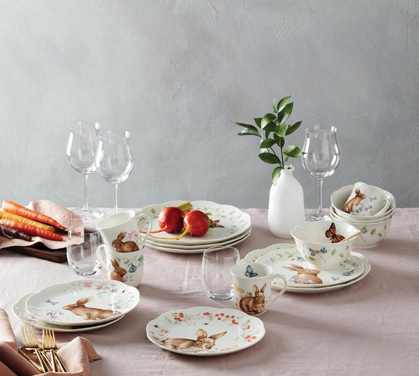 Butterfly Meadow Bunny Porcelain 16-Piece Easter Dinnerware Set for 43