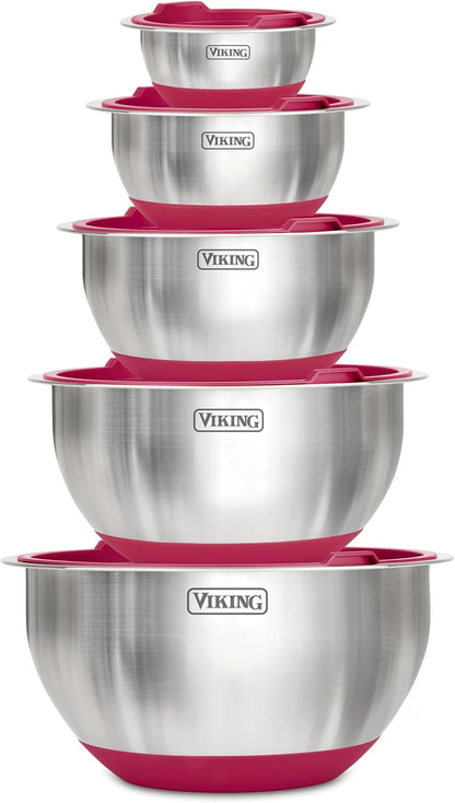 Viking Mixing Bowls Set, 10 Piece Stainless Steel Kitchen Cookware, Non-Slip Silicone Base, Includes Tight Fit Lids, Dishwasher Safe, Red1