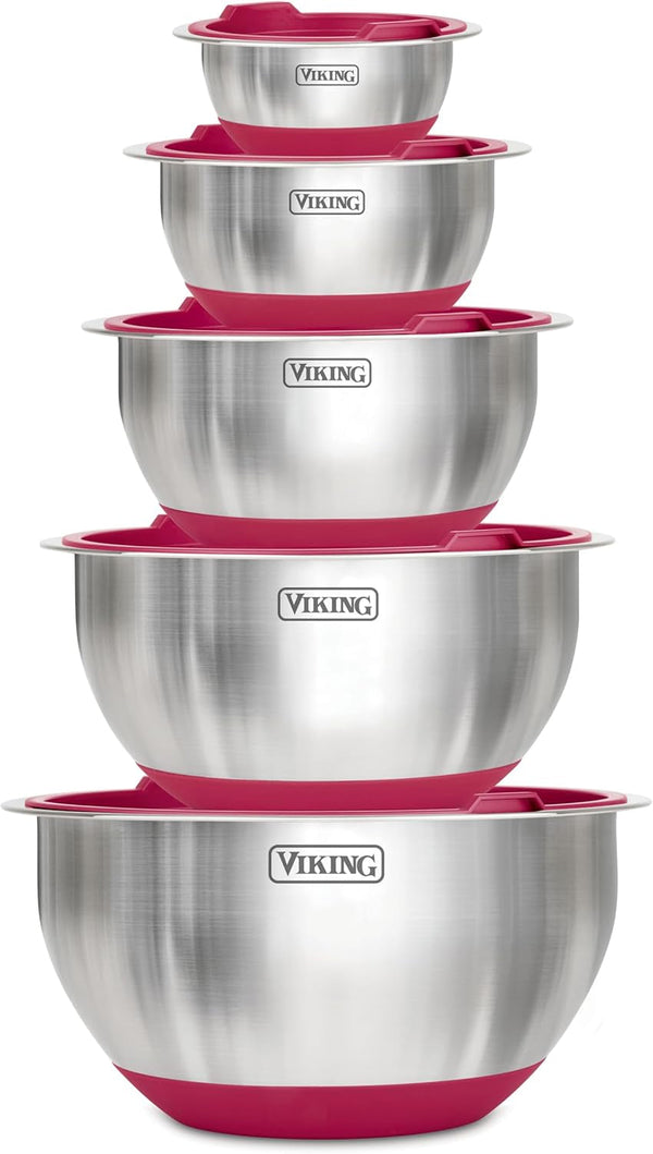 Viking Mixing Bowls Set, 10 Piece Stainless Steel Kitchen Cookware, Non-Slip Silicone Base, Includes Tight Fit Lids, Dishwasher Safe, Red1