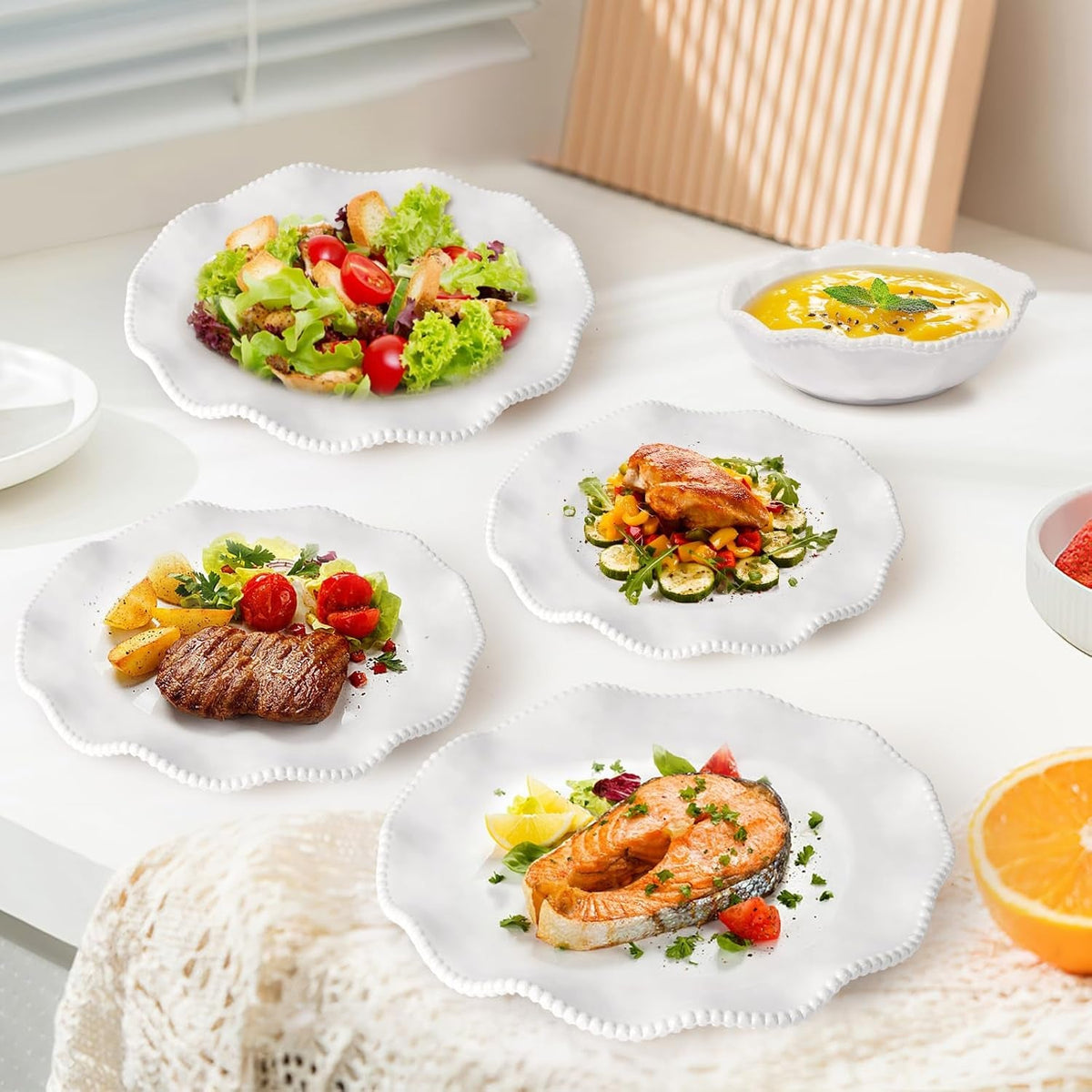 perlette-melamine-dinnerware-sets-service-for-4-cream-plates-and-bowls-set-with-beaded-edge-bpa-free-dishwasher-safe-heavy-duty-unbreakable-dinnerware-for-wedding-party-camping-outdoor