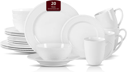 Homevss, New Bone China Dinnerware Set, Embossed Pearl Design, 20Pc Set1