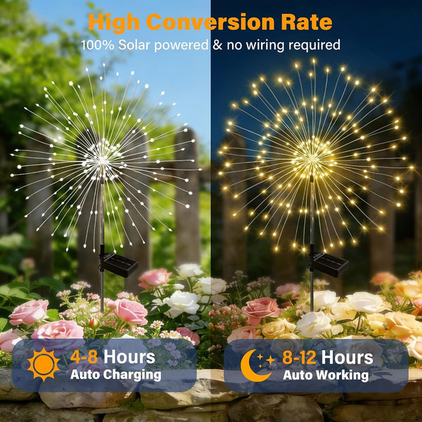 Solar Garden Lights Outdoor Decor Waterproof, 4Pack 120LED Firework Lights for Garden Decorative, Fairy Lights Solar Powered for Yard, Patio,Pathway,Flowerbed,Planter,Party(Warm White)3