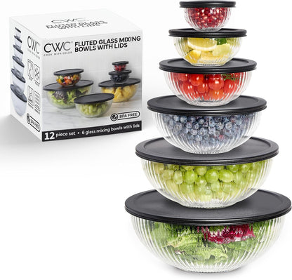 12 Pc Glass Mixing Bowl Set with Lids – Borosilicate Glass Nesting Bowls for Cooking, Baking and Meal Prep, Fluted Black1