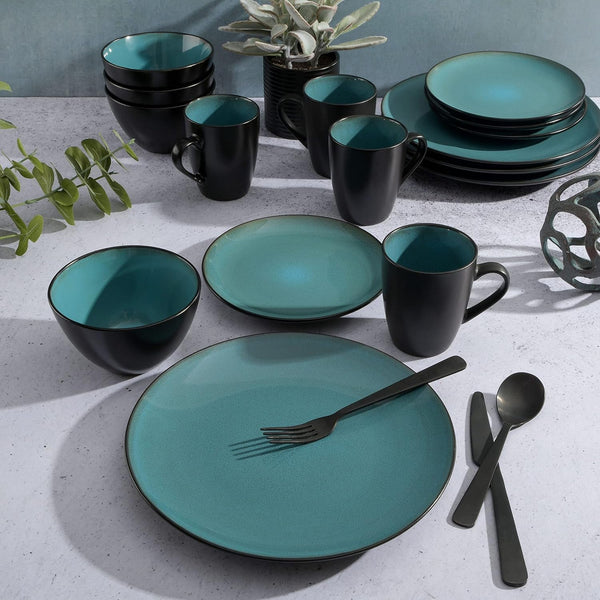 Soho Lounge 16-Piece round Reactive Glaze Stoneware Dinnerware Set, Service for 4 – Teal Plates and Bowls5