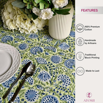 Cotton Blockprint round Tablecloth, Amara Green, 72 Inches2