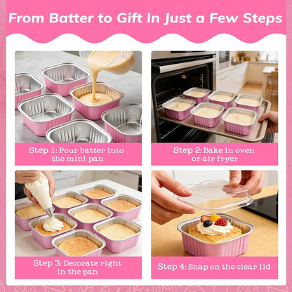 Mini Cake Pans with Lids, 50 Pack Pink 5Oz for Picnic Desserts | Good for Fudge, Gelatin Desserts, Baked Custard and Cold Treats; Clear Top Helps Buyers See the Finished Look.8