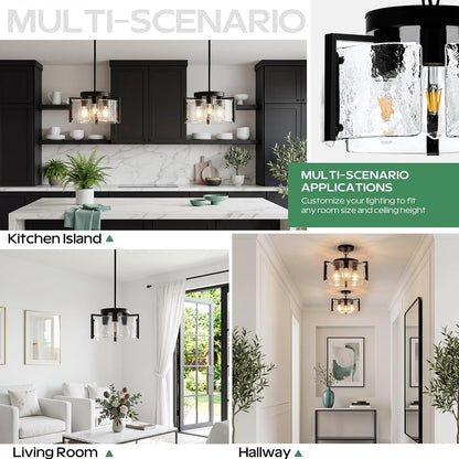 Black Chandeliers for Dining Room, 14 Inch 3-Light 2-In-1 Convertible Pendant and Flush Mount with Drum Textured Glass, Modern Farmhouse Light Fixture for Kitchen Island, Entryway, Foyer, Living Room6