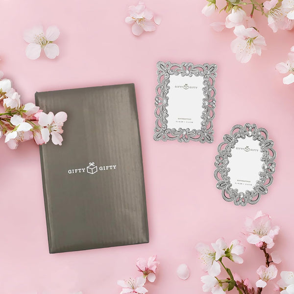 Vintage Silver Mini Frame Set/Set of 2 / 2X3 in | for Tabletop Display | Perfect for Home Decor, Xmas, Wedding, Graduation, or Milestone Photos W/Gift Box8