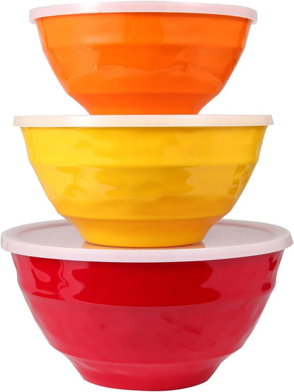 Mixing Bowl Set with Lids, 6 Piece Melamine Nesting Bowl Set for Pasta Baking Salad Mixing, Set of 3, Three Colours,1