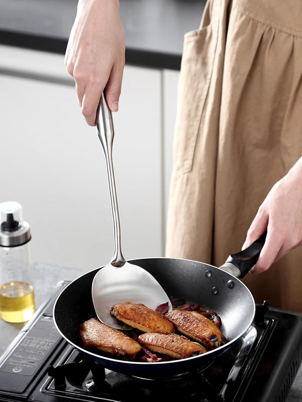 304 Stainless Steel Cooking Utensils Set 4 Piece 15 Inch Large Size Metal Kitchen Utensils Set Including Spatula,Ladle,Serving Spoon,Meat Fork,Stainless Steel Cooking Tools7