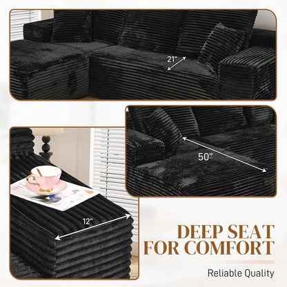 108" L Shaped Boneless Sectional Couches for Living Room, Wide Armrest, Deep Seat, Memory Foam, Assembly Free, Modern Comfy Corduroy Fluffy Cloud Sofa with Left Chaise, Black3