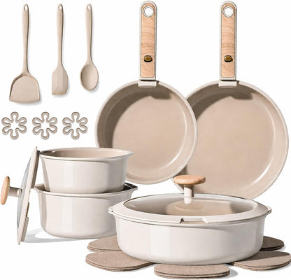 Ceramic Pots and Pans Set, Cookware Set Detachable Handle, 19 Pcs Induction Kitchen Cookware Sets Non Stick with Removable Handle, RV Cookware Set, Oven Safe, Elegant White, Mothers Day Gifts1