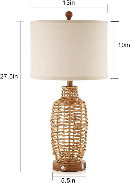 Rattan Table Lamps Set of 2 Wicker Lamps 3 Way Dimmable Touch Control Farmhouse Rustic Coastal Lamps with USB Port for Bedroom Living Room Office (LED Bulbs Included)2
