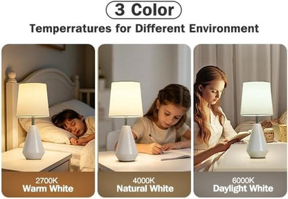 Small Bedside Table Lamp for Bedroom - Reading Desk Lamp with 3 Color Temperatures，15.5" Nightstand Ceramic Lamp with Fabric Shade for Kids Room,Living Room,Dorm,Home Office (White)2