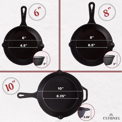 Cast Iron Skillets Set - 3-Piece: 6" + 8" + 10"-Inch Chef Frying Pans - Pre-Seasoned Cookware + 3 Silicone Handle Cover Grips - Use Indoor/Outdoor, Grill, Stove, BBQ, Fire, Oven3