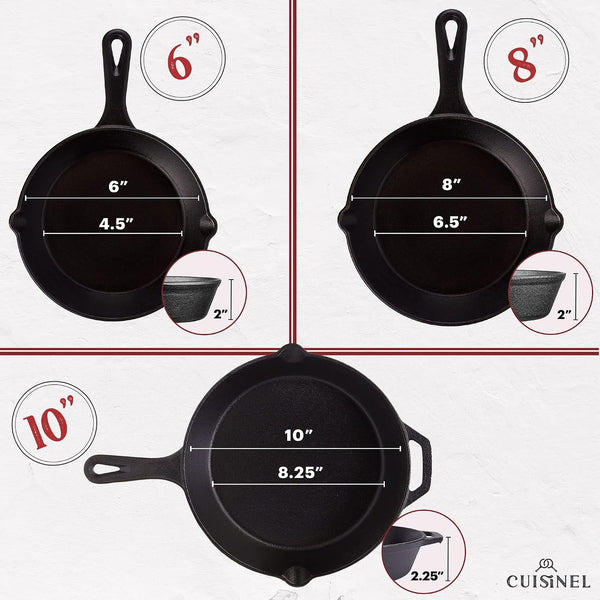 Cast Iron Skillets Set - 3-Piece: 6" + 8" + 10"-Inch Chef Frying Pans - Pre-Seasoned Cookware + 3 Silicone Handle Cover Grips - Use Indoor/Outdoor, Grill, Stove, BBQ, Fire, Oven3