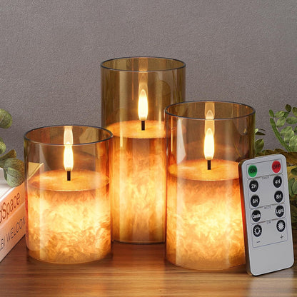 Battery Operated Flameless Candles with Remote & Timer, Gold Glass 3Pack1