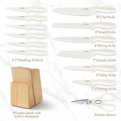 15-Piece Knife Set, Wood Block with Built-In Sharpener, Cream2