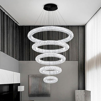 Large LED 5 Ring Chandelier for High Ceiling Modern Long Crystal Chandelier Lighting Ceiling Chandeliers for Staircase Foyer, Black D8''+15.7"+23.6"+31.5"+39.4"5