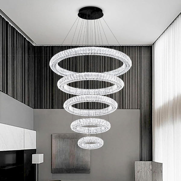 Large LED 5 Ring Chandelier for High Ceiling Modern Long Crystal Chandelier Lighting Ceiling Chandeliers for Staircase Foyer, Black D8''+15.7"+23.6"+31.5"+39.4"5