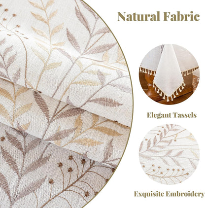 Rectangle Tablecloth 55" X 75", Farmhouse Linen Style Table Cloth with Brown Fern Embroidery & Tassels, Heavy Weight Wrinkle & Spill Resistant Table Cover for Dining Kitchen (4-6 Seats)4