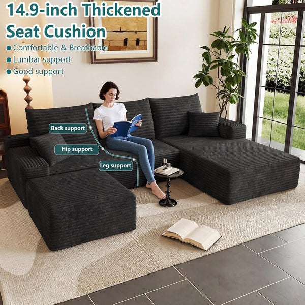95" U-Shape Cloud Couch, Modern Modular Sectional L-Shape Sofa with Ottoman, Corduroy Upholstered Couches Deep Seat Sleeper Chaise Longue for Living Room, No Assembly Required(Black, Right Facing)4