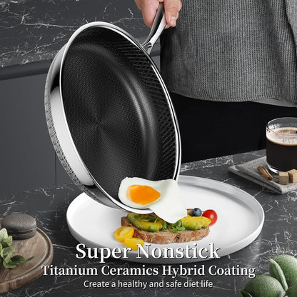 8 Inch Nonstick Frying Pan with Lid, Induction & Oven Safe | Titanium Ceramic Tri-Ply Stainless Steel Hybrid Nonstick Skillet, Stay Cool Handle, Heat Fast and Evenly, PFAS/PFOA/PTFE Free2