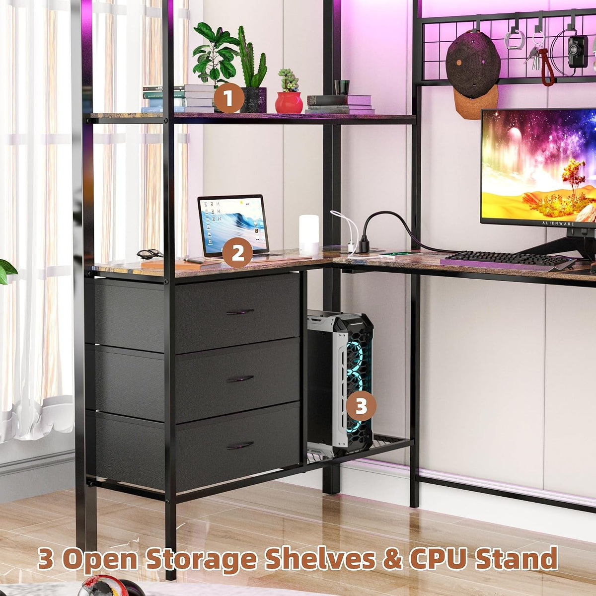 twin-size-loft-bed-with-l-shaped-desk-rgb-led-lights-power-outlet-metal-loft-bed-frame-with-8-fabric-drawers-open-shelves-hanging-hooks-gaming-for-teens-kids-bedroom-black