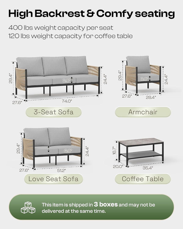 Aluminum Outdoor Patio Furniture Set with Dual-Layer Coffee Table, 4 Piece Modern Patio Conversation Sets with PE Rope, Outdoor Sectional Sofa with Thick Cushions for Balcony, Porch, Gray7
