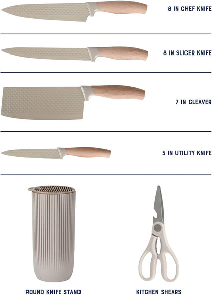 Oster Gunderson 6-Piece Kitchen Knife Block Set, Stainless Steel Kitchen Knife Set with Sharp Blades and Wooden Block3